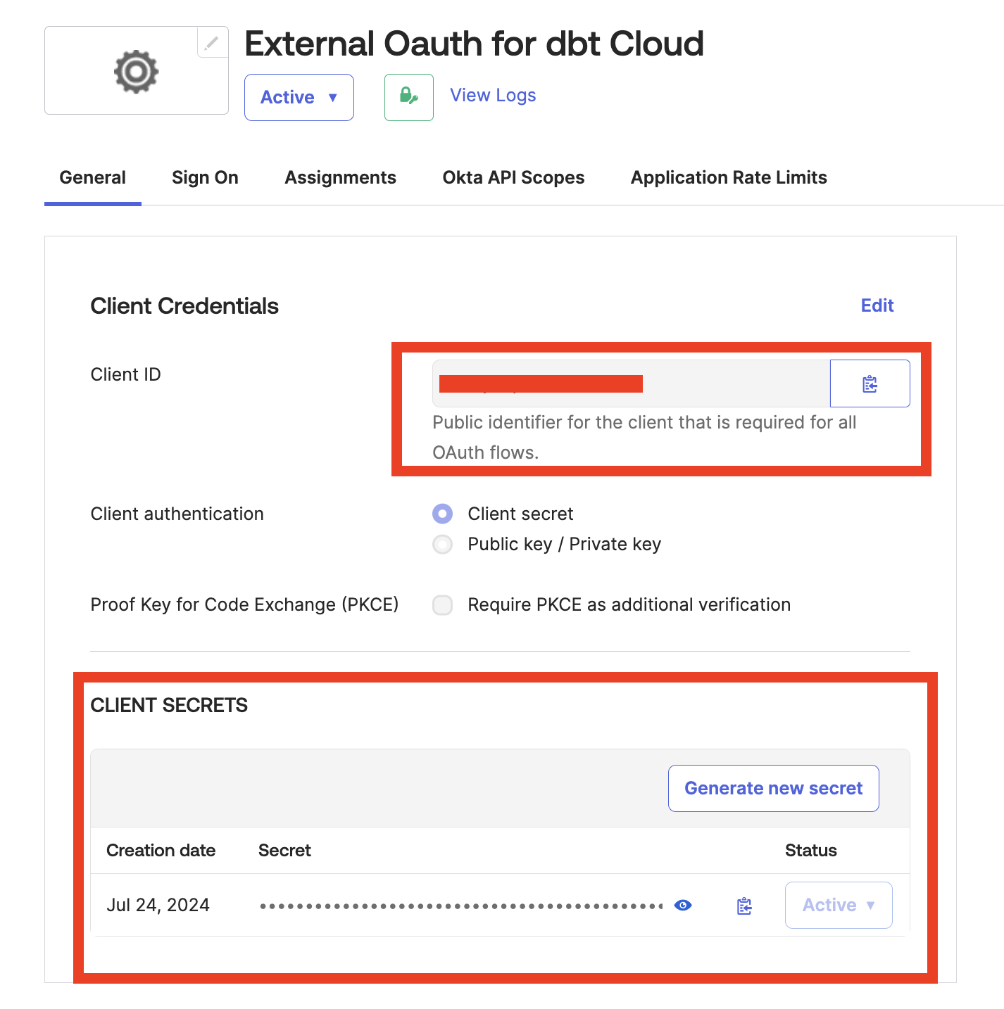 The client ID and secret highlighted in the Okta app. The client ID and secret highlighted in the Okta app.